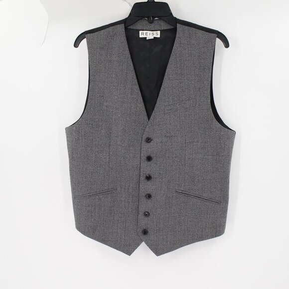 Reiss suit vest men's 40 six button sleeveless gray wool blend gilet waistcoat - Picture 1 of 11